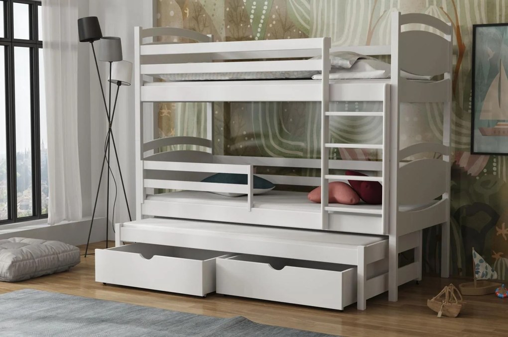 Detská poschodová posteľ z masívu borovice EMA s prístelkou a šuplíky - 200x90 cm - BIELA
