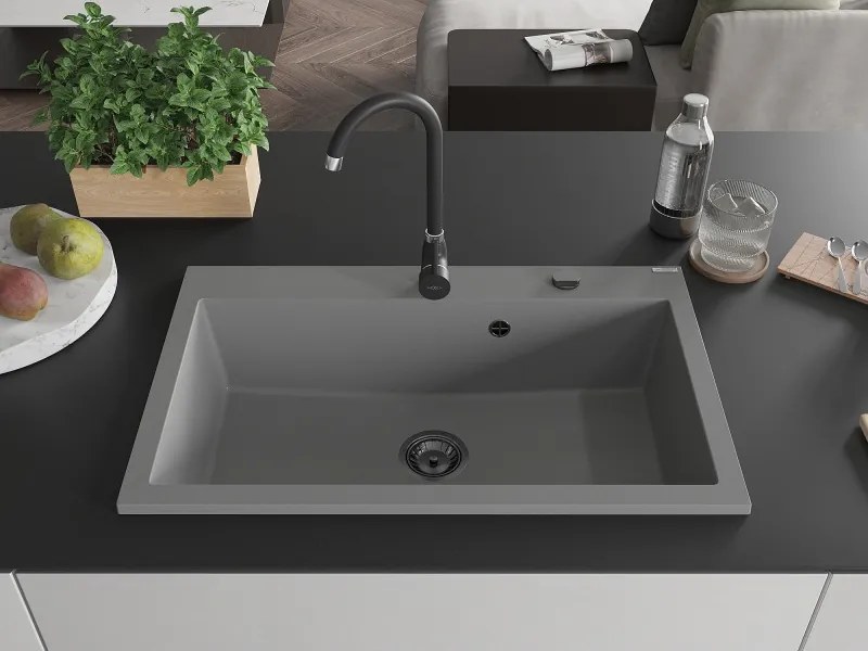 Mexen Elix, 1-korový granitový drez 800 x 500 mm, šedá, čierny sifón, 6527801005-71-B