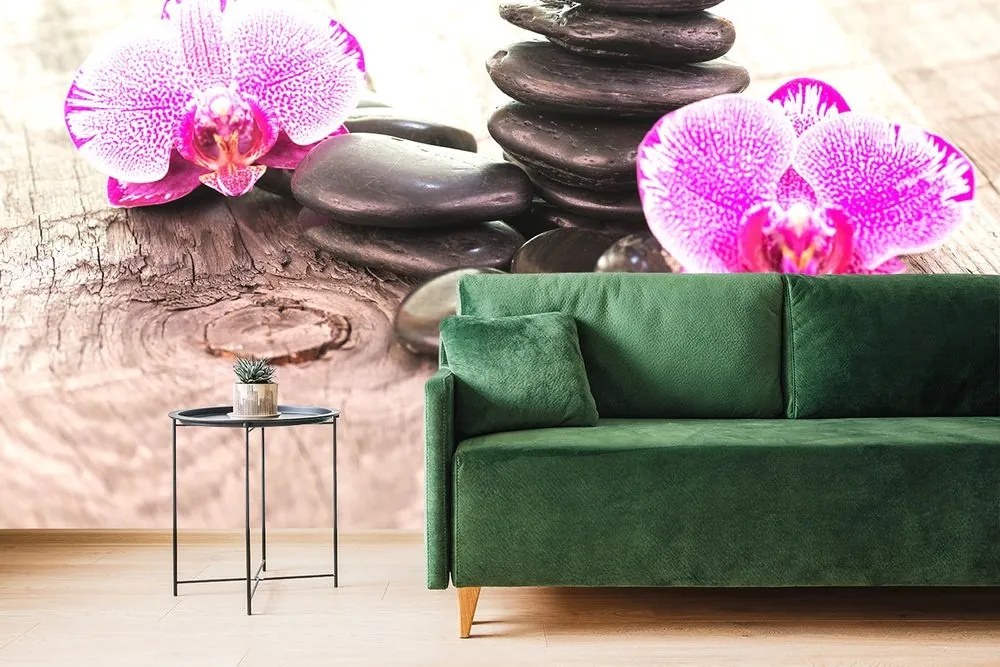 Fototapeta orchidea a Zen kamene na dreve - 225x150