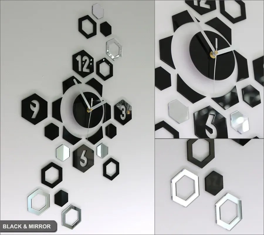 3D nalepovacie hodiny Hexagon čierno-zrkadlové
