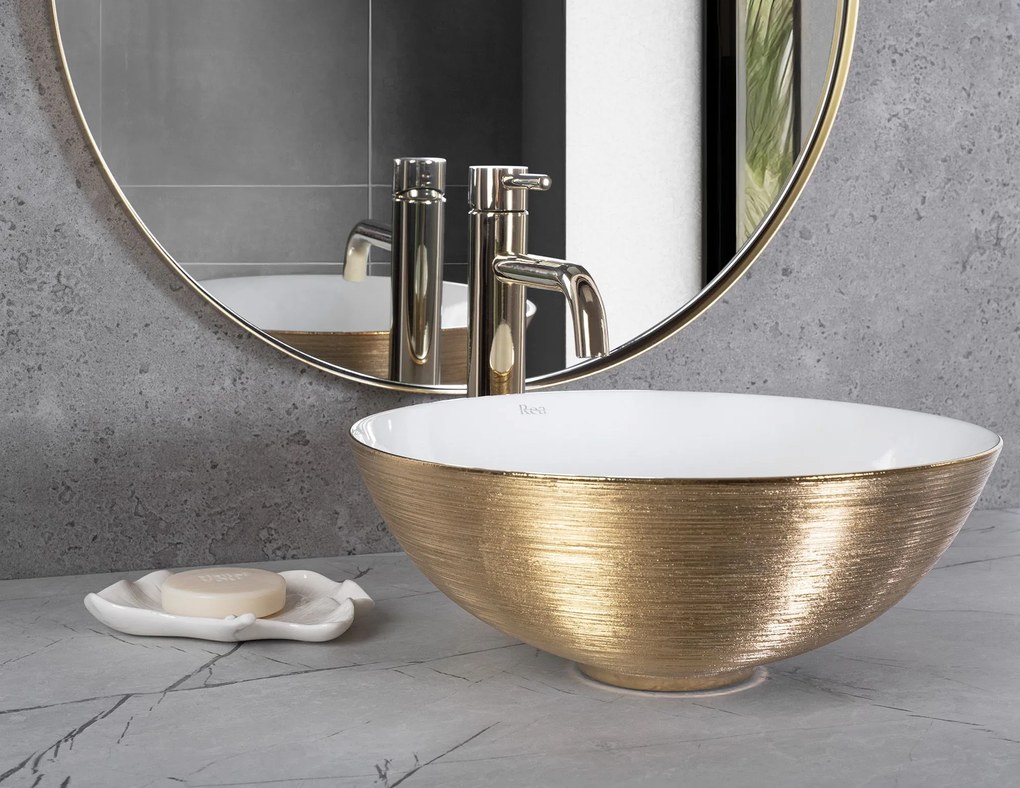 Rea Stella, keramické umývadlo na dosku, 35,5 × 35,5 cm, biela/zlatá matná, REA-U9087