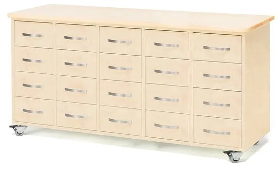 Zásuvková komoda s kolieskami, 20 zásuviek, s madlom, breza