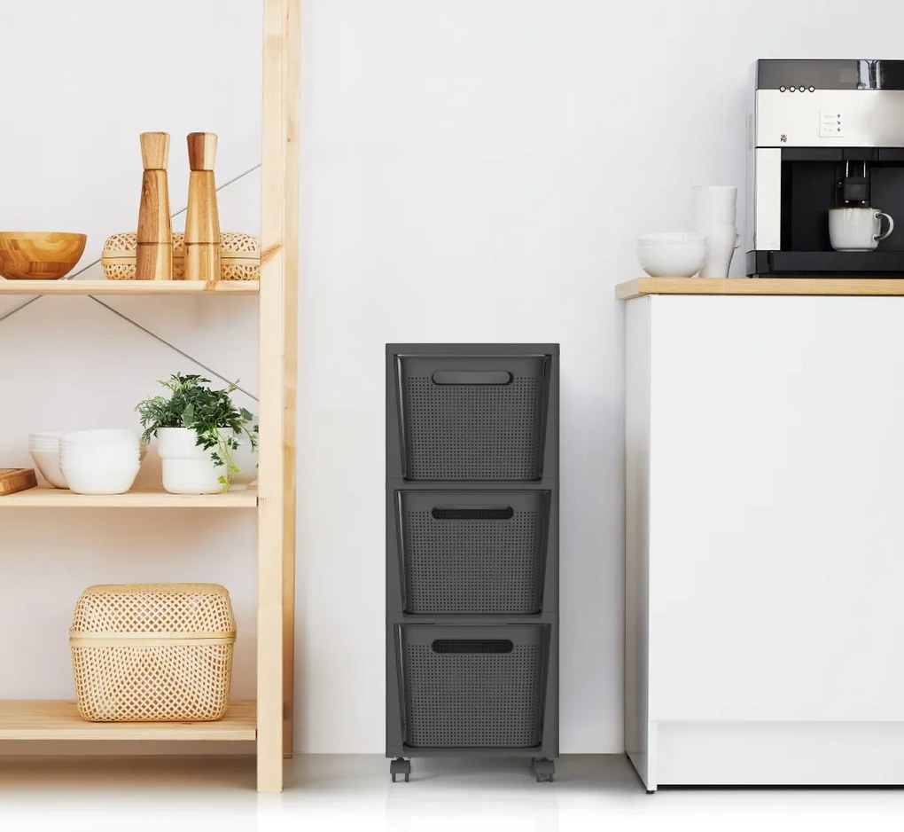 Rotho Pojazdný stojan, regál s 3 košíkmi, BRISEN TOWER, čierna/antracit