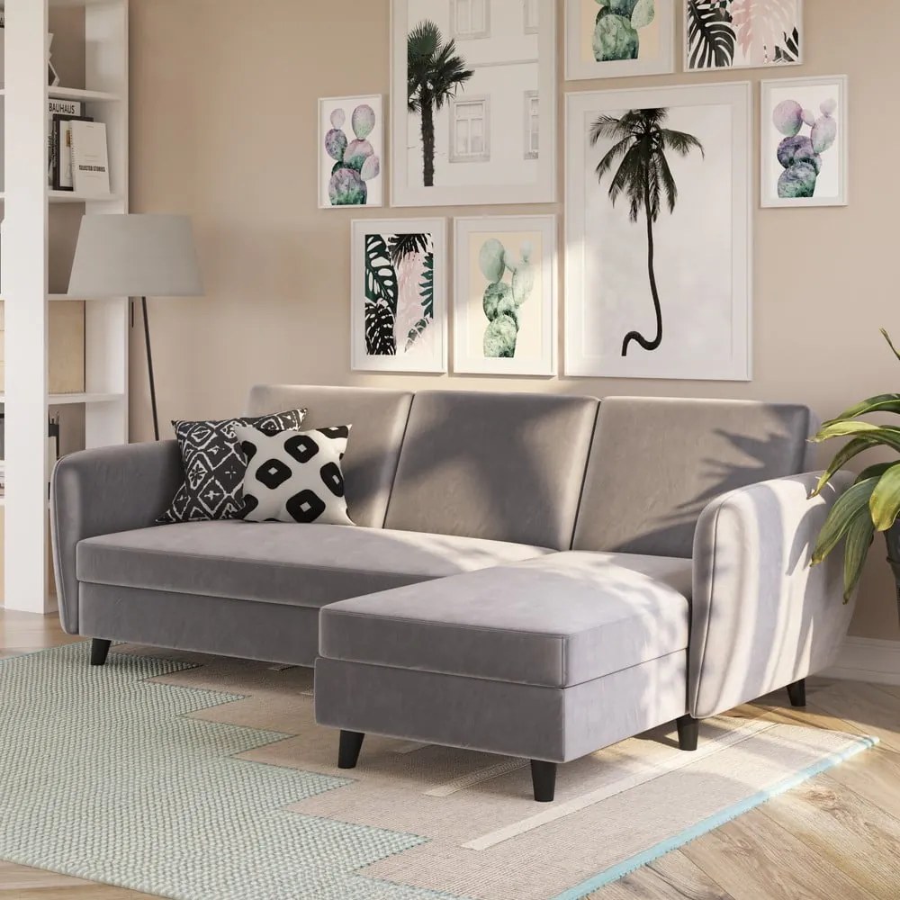 Sivá zamatová rozkladacia rohová pohovka Perry – Støraa