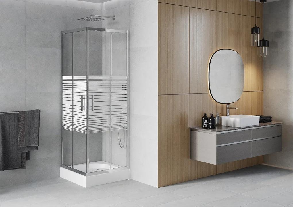 Mexen Rio, štvorcový sprchovací kút s posuvnými dverami 70 x 70 cm, 5mm číre sklo/pásy, chrómový profil + biela vysoká sprchová vanička Rio, 860-070-070-01-20-4510