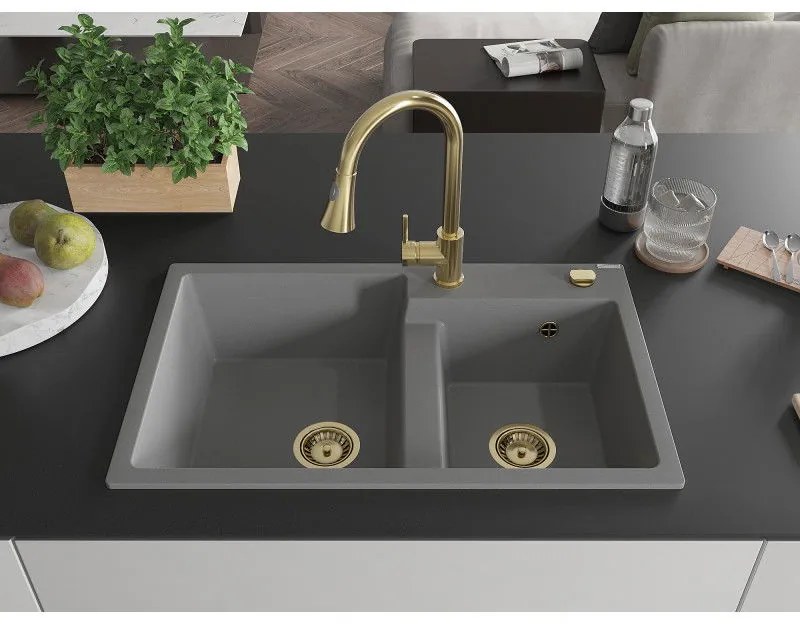 Mexen Tomas, 2-komorový granitový drez 800x500x190 mm a drezová batéria Elia, šedá, 6516-71-670101-50