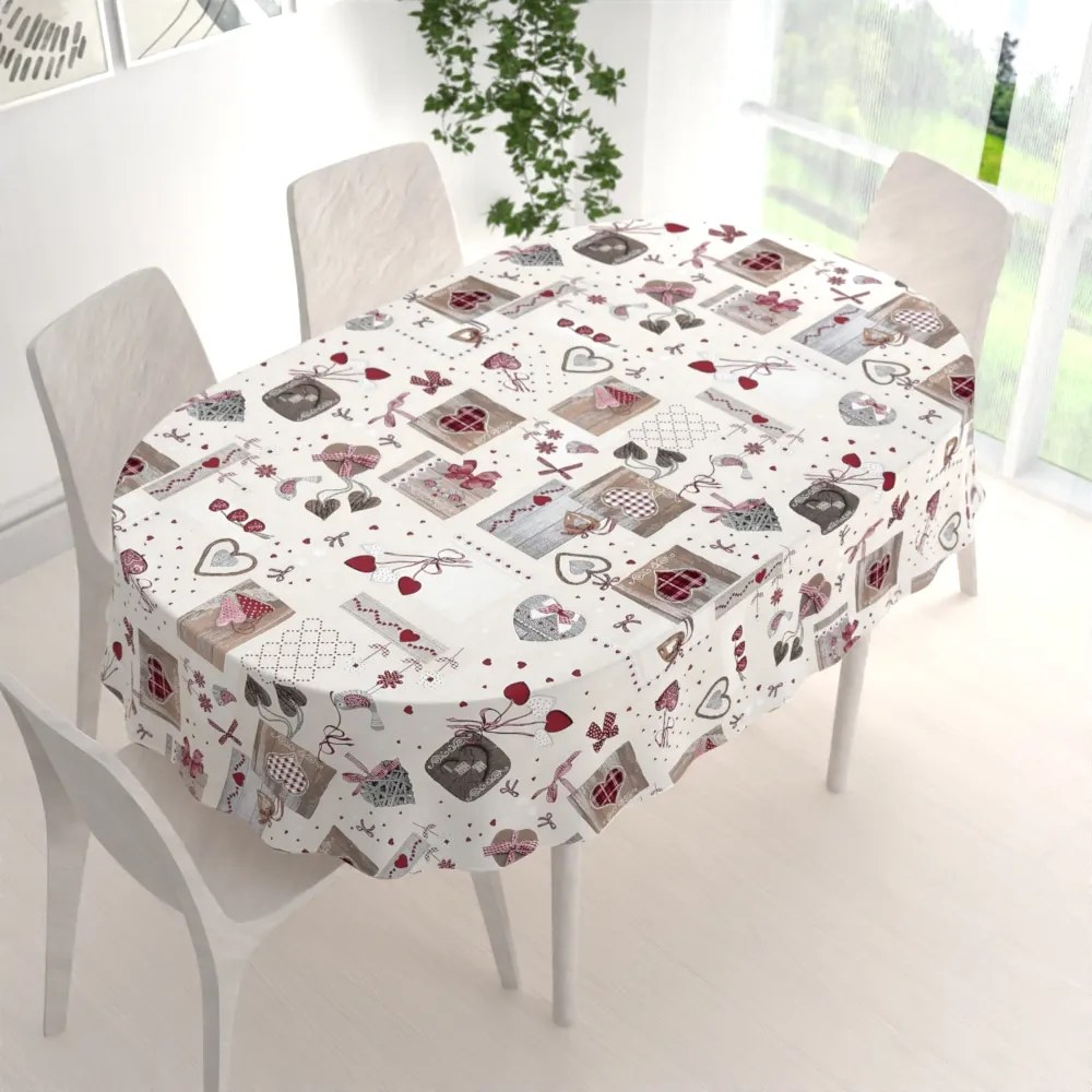 Biante Dekoračný oválny obrus Porto PRT-015 Vínovo-sivé srdiečka na krémovom 50x100 cm