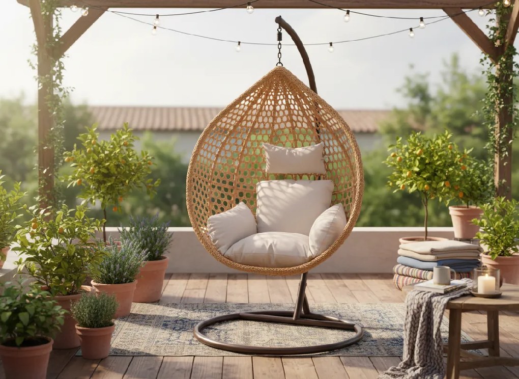 CH PRÍRODNÉ ZÁVESNÉ KRESLO, VANKÚŠ – BEŽOVÁ, RÁM – HNEDÁ 107 x 68 x 120 CM