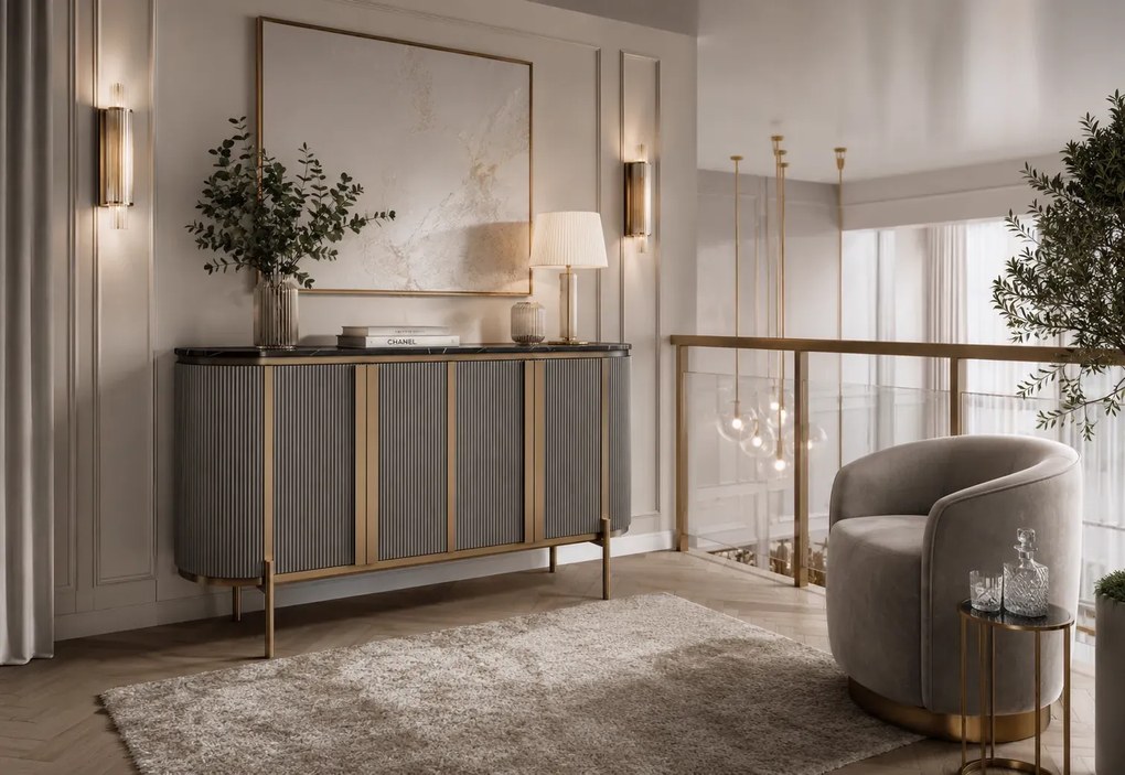 Komoda Stilig ST384 160 cm čierny mramor/grafit/zlatá