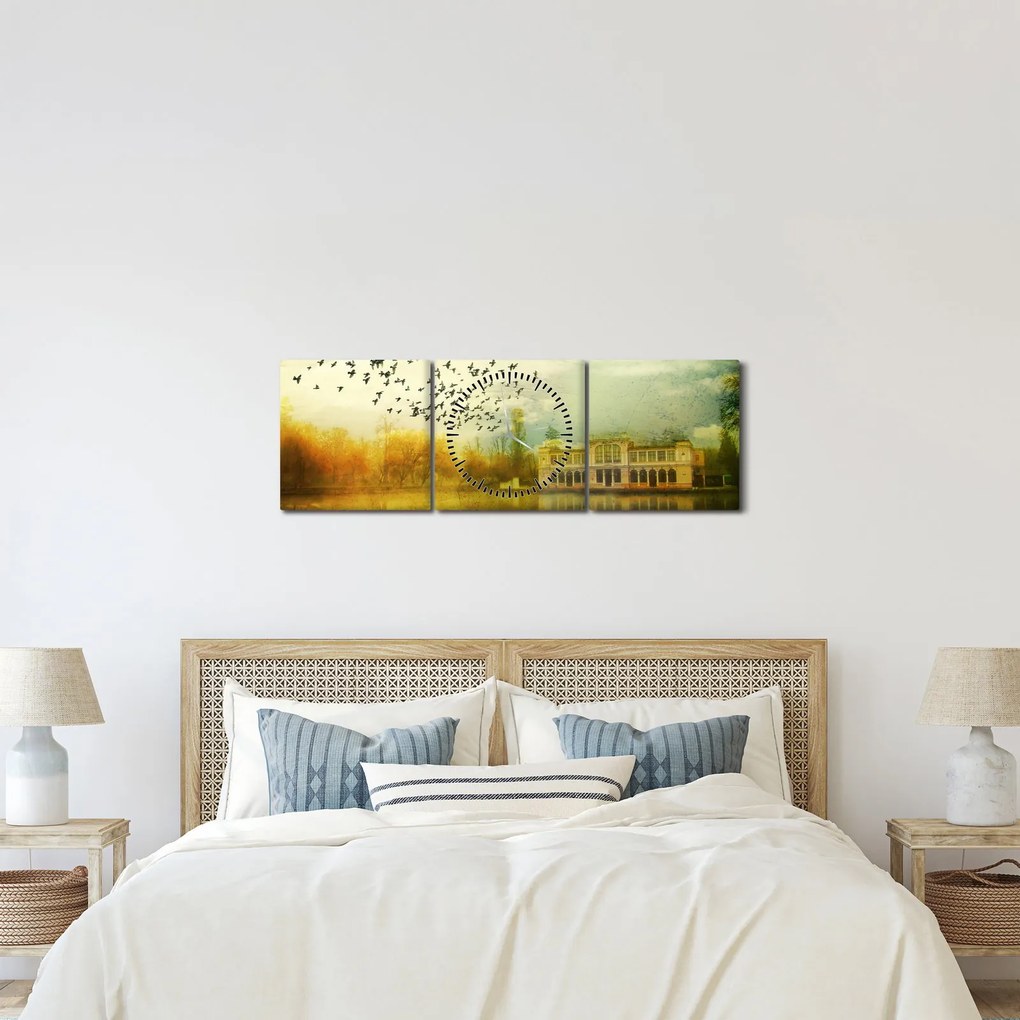 Obraz maľované krajiny so sídlom (s hodinami) (90x30 cm)