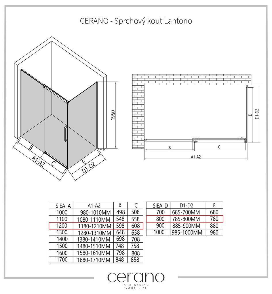 Cerano Lantono, sprchovací kút s posuvnými dverami 120(dvere) x 80(stena) x 195 cm, 8mm číre sklo, čierny profil, CER-CER-433112