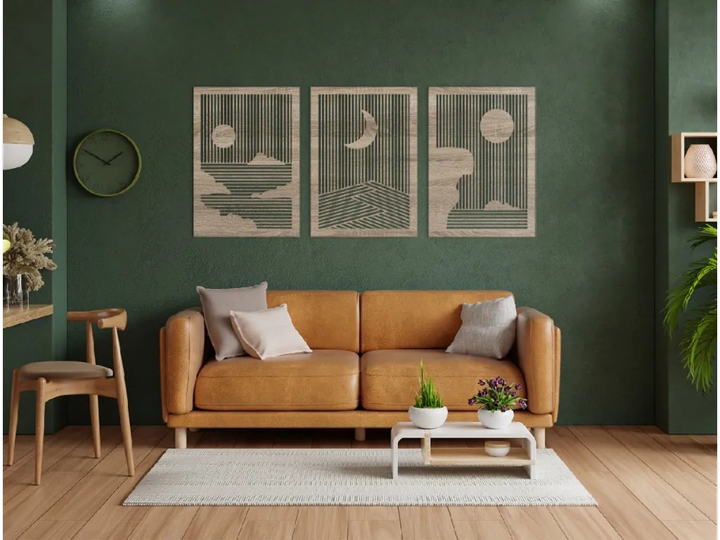 drevko Drevený viacdielny obraz Slnko a Mesiac Rozmer obrazu: 28,5 x 65 cm, Farba dekorácie: Čierna
