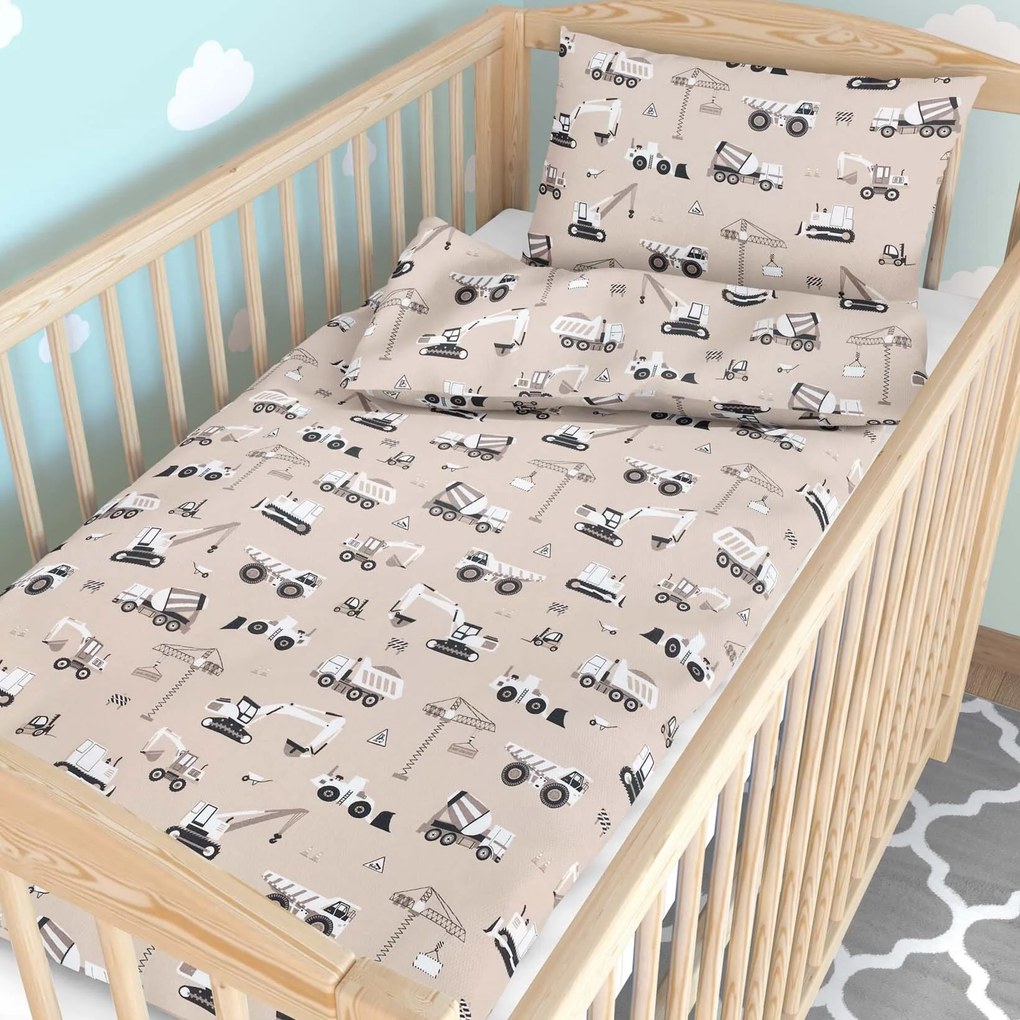 Goldea detské bavlnené obliečky do postieľky - nákladné autá a bagre na béžovom 100 x 135 a 40 x 60 cm