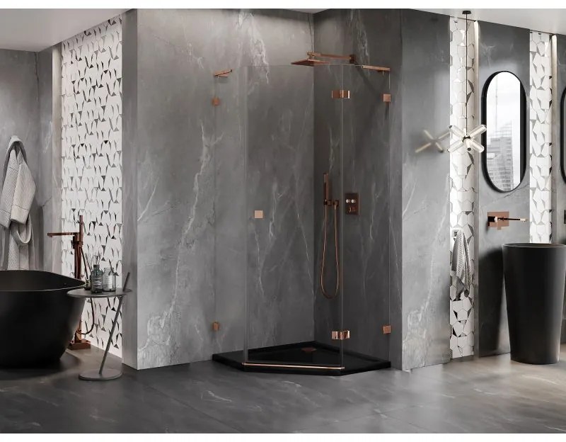 Mexen Lunar, L pravý výklopný päťuholníkový sprchový kút 100 x 100 cm, 8mm číre sklo, profil ružové zlato, 831L-100P-100L-60-00-P