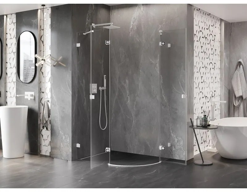 Mexen Lunar, polkruhový sprchový kút naklápací doľava 90 x 80 cm, 8mm číre sklo, biely profil, 833-090L-080P-20-00