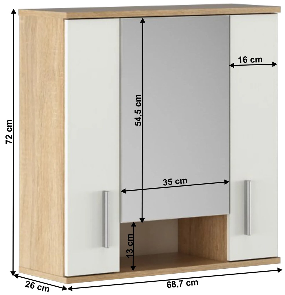 Kondela Závesná skrinka so zrkadlom, dub sonoma/matná biela, LESSY NEW 01