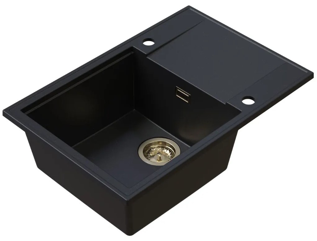Sink Quality Sink55, kuchynský granitový drez 680x460x215 mm + zlatý sifón, čierna so zlatými bodmi, SKQ-SINK.L.1KDO.XG