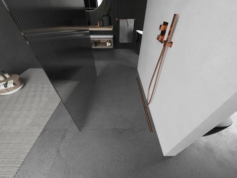 Mexen Kioto, sprchová zástena Walk-In 100 x 200 cm, 8mm sklo s rebrovým vzorom, medený matný profil, 800-100-002-65-09