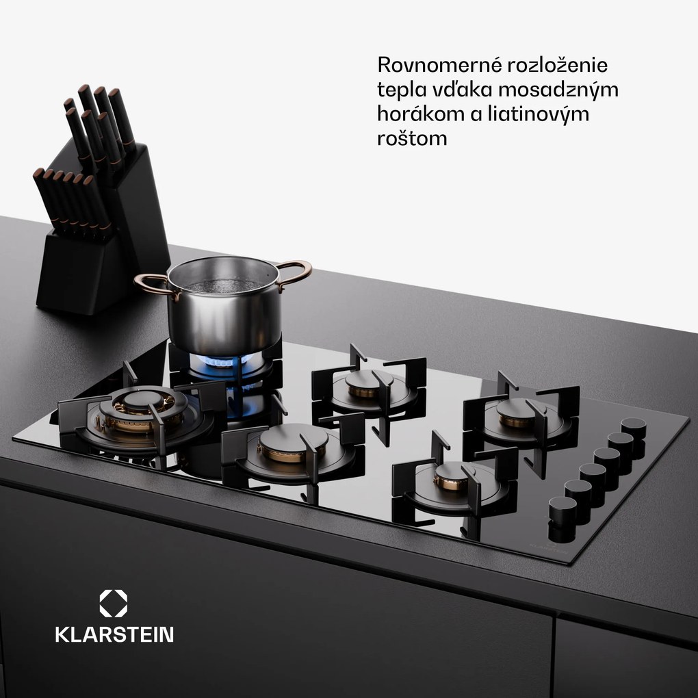 Klarstein Goldflame 6 samostatná plynová varná doska 6 horákov, bočné ovládanie, zemný/propán plyn, čierna sklokeramika
