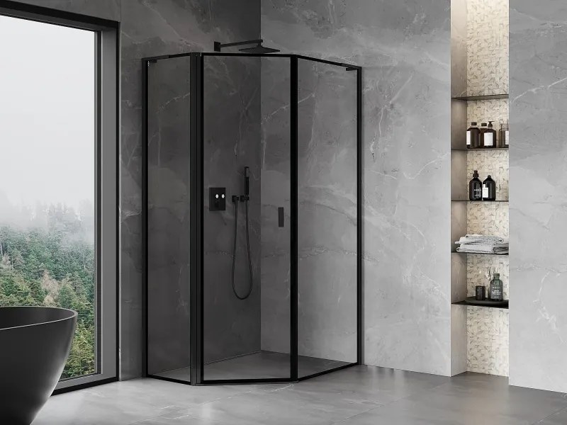 Mexen Mist L, päťuholníkový sprchový kút s krídlovými dverami, 80 x 100 cm, 8mm číre sklo, čierny profil, 8A8L-080-100-70-70-L