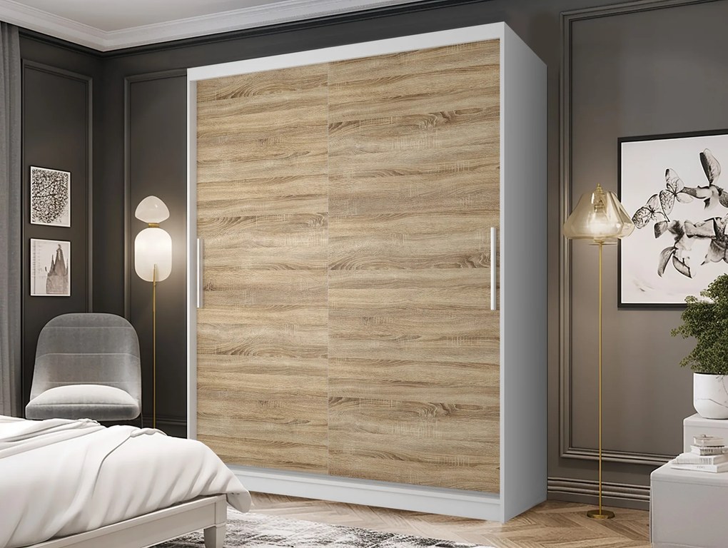 Šatníková skriňa 133 cm Belini biely mat / dub sonoma s posuvnými dverami  SI SZP2/2/W/DS/0/AL