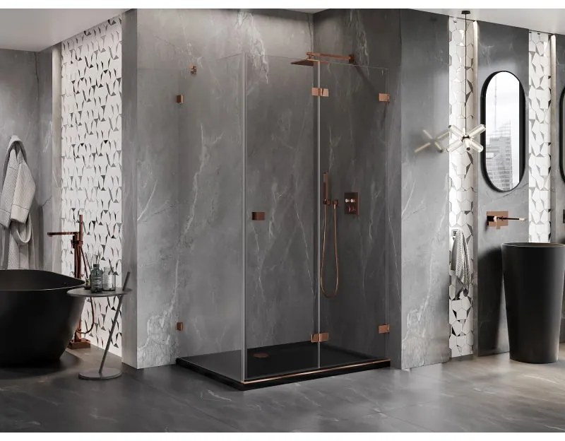 Mexen Lunar-F, 1-krídlový sprchový kút so skladacími dverami, pravý, 95 x 90 cm, 8mm číre sklo, ružové zlato profil, 836-095-090-60-00-P