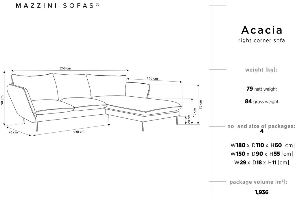 MAZZINI SOFAS Zamatová štvormiestna rohová pohovka Acacia pravý roh 250 × 165 × 96 cm