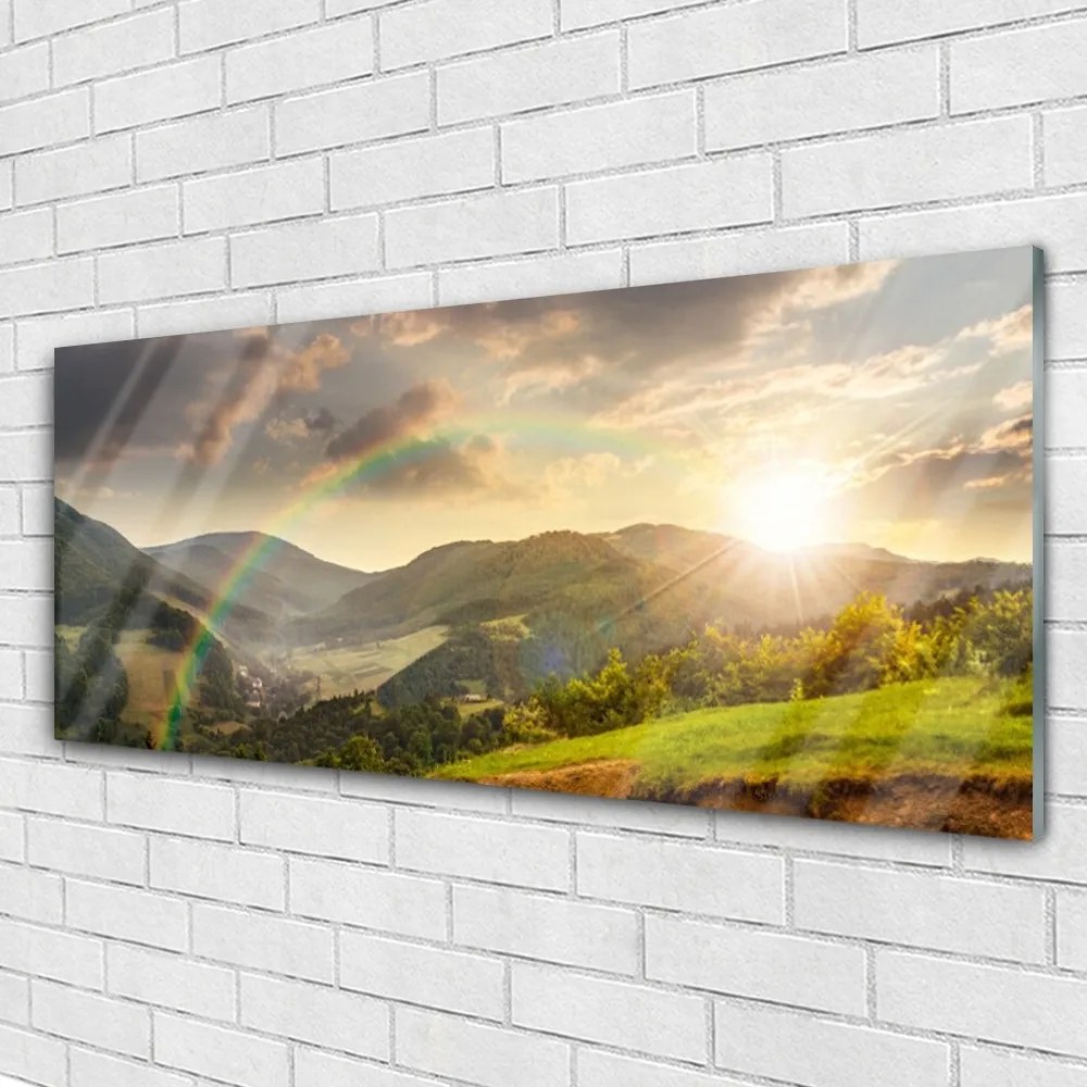 Obraz plexi Lúka hory západ slnka 125x50 cm