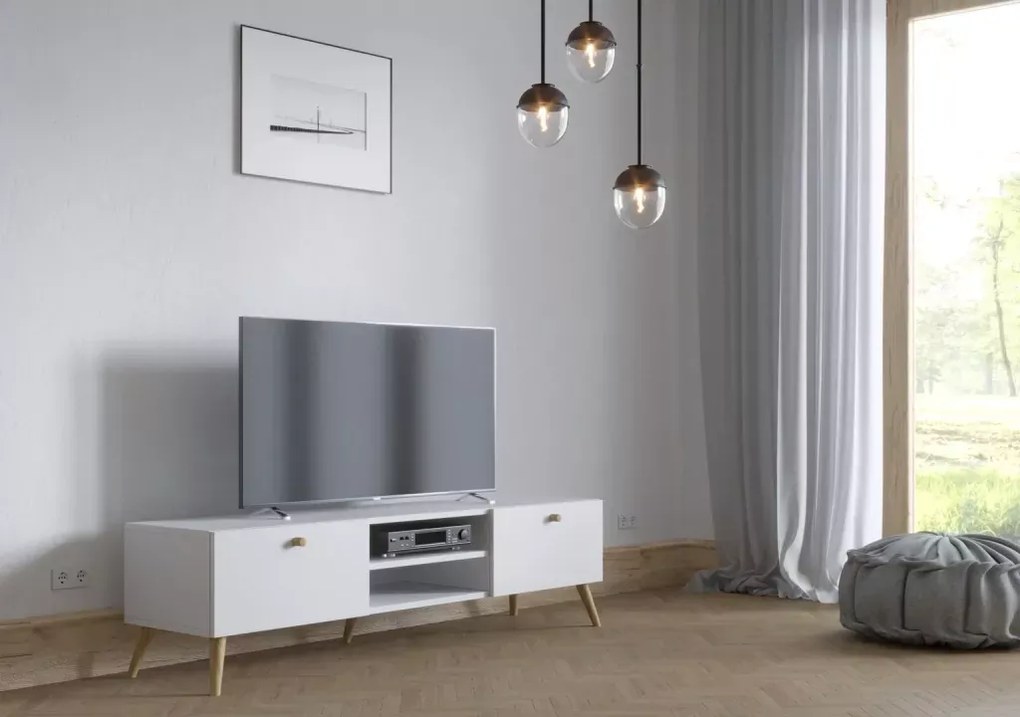 TV skrinka ROTUNDA Alpská biela - čierne nožičky, 180 cm