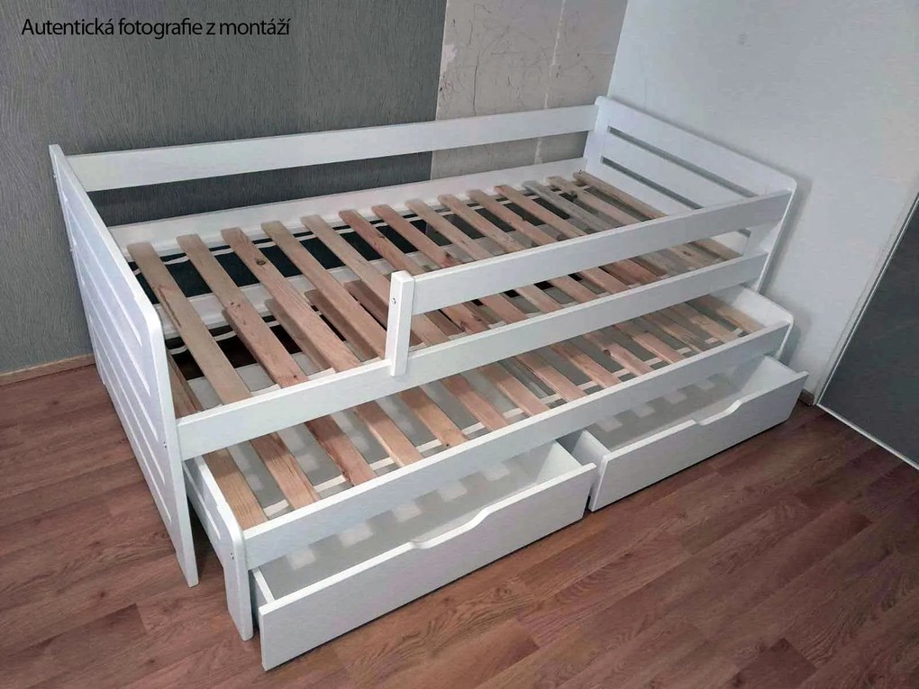 Detská posteľ z masívu borovice TOMÁŠ II s prístelkou a šuplíkmi - 200x90 cm - biela