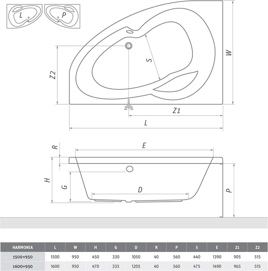 Roth Asymetrická akrylátová vaňa HARMONIA ROTH-Variant: rozmery: 160x95 cm, orientácia: Pravá - (HARMONIA 160 P - 9830000)