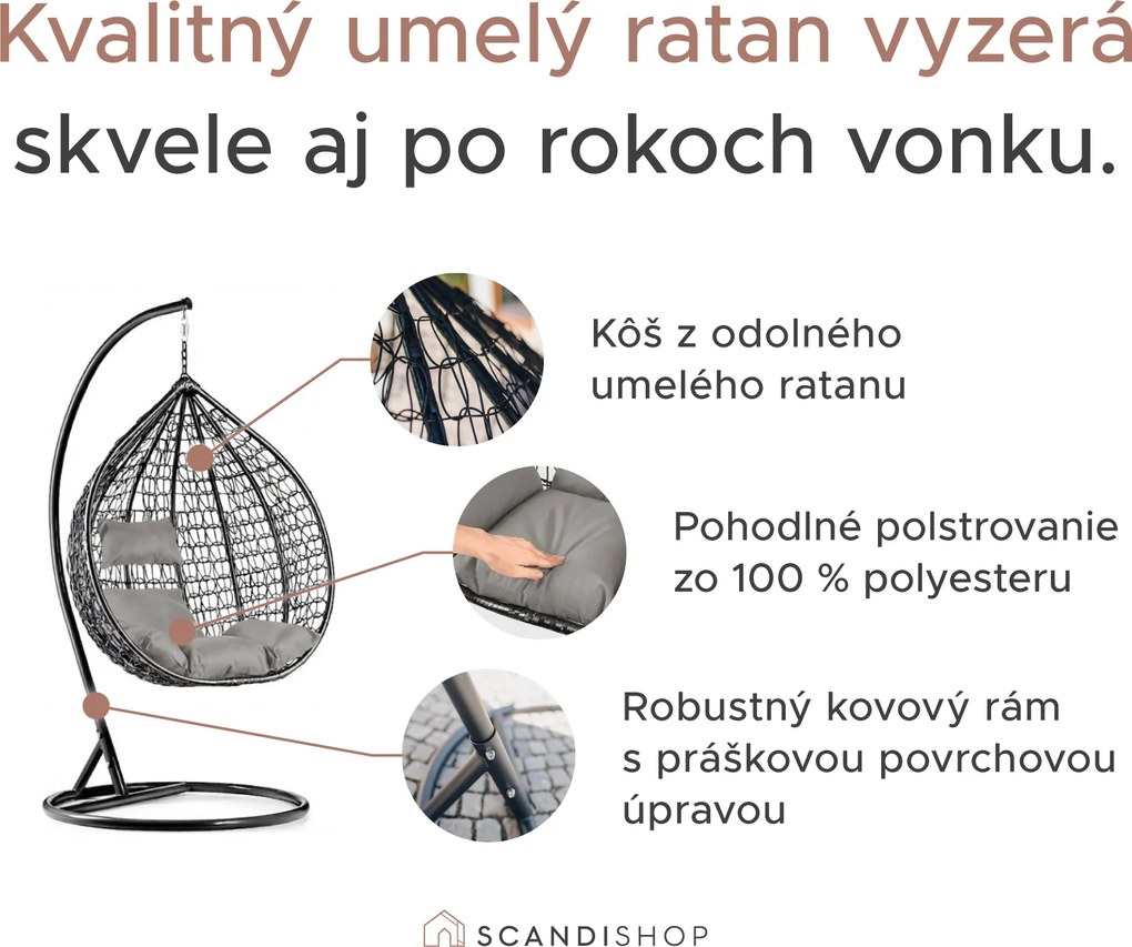 Sivé závesné kreslo KOKON so stojanom, zeleno-biely vankúš