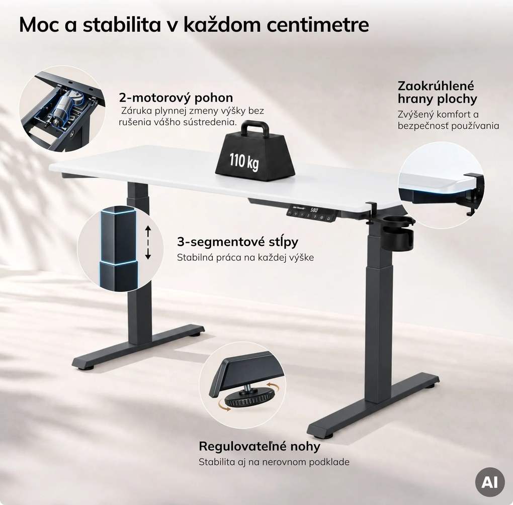 Elektrický stôl s nastavením výšky ergonomický antracitovo-bieli, 1400x700 mm: ARIA