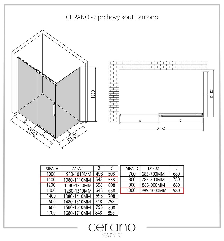 CERANO - Sprchovací kút Lantono L/P - 8 mm - čierna matná, grafitové sklo - 110x100 cm - posuvný, CER-CER-8050BD7514