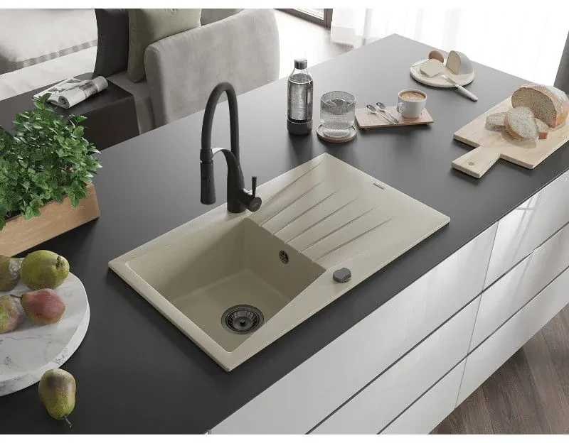 Mexen Cesar, 1-komorový granitový drez 775x470x190 mm a drezová batéria Aster, béžová, 6514-69-73450-70-B