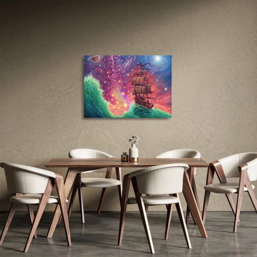 Sklenený obraz - Loď s vesmírnou oblohou (70x50 cm)