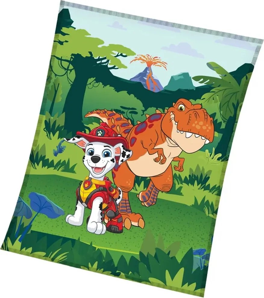 Detská coral fleece deka Labková patrola – Paw Patrol - motív Marshall a dinosaurus - 130x170 cm