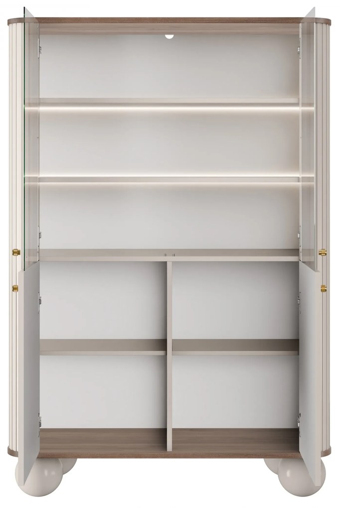 Vitrína Vesper 103 cm štvordverová - kašmír / orech / zlaté úchytky / guľaté nohy