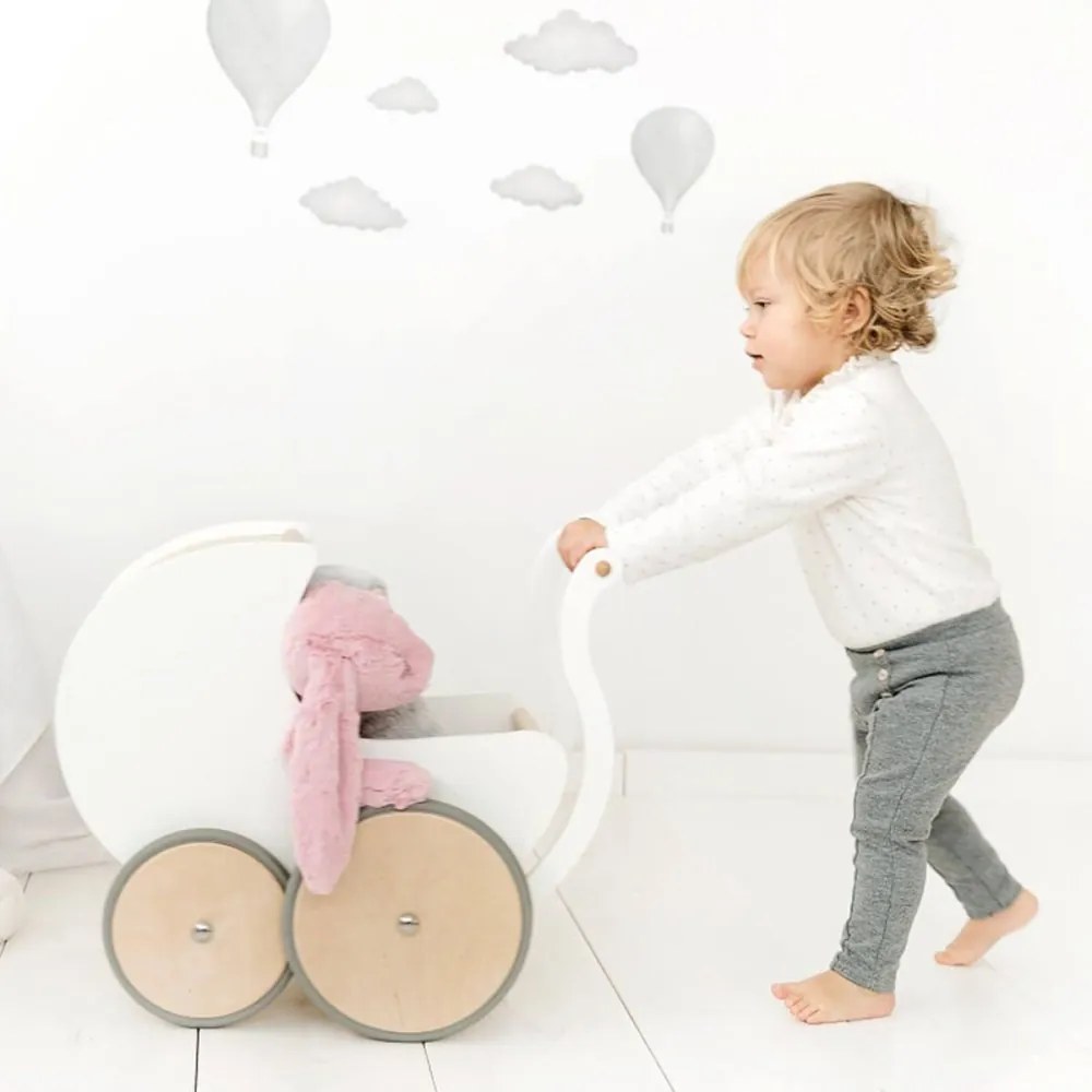 Drevený kočík pre bábiky a nácvik chôdze biela