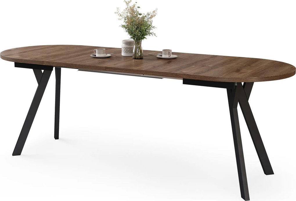 Mazzoni ALMO Hnedý dub / čierne nohy - OVÁLNY ROZKLADACÍ STÔL 140-240 cm PRE 10-12 OSÔB