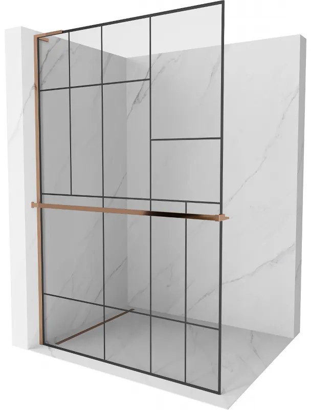 Mexen Kioto+ L, sprchová zástena Walk-In s poličkou a vešiakom 90 x 200 cm, 8mm číre sklo čierny vzor, ružové zlato profil, 800-090-123-60-78