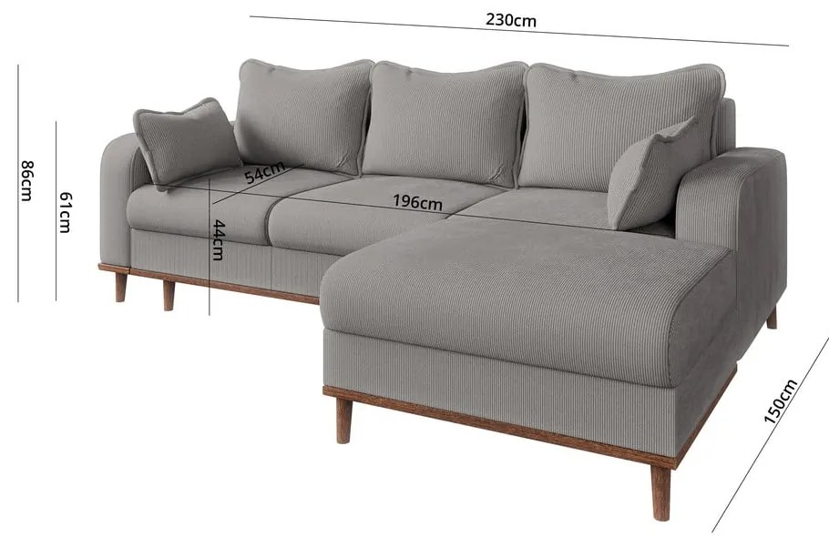 Svetlosivá menčestrová rohová pohovka (pravý roh) Beata – Ropez