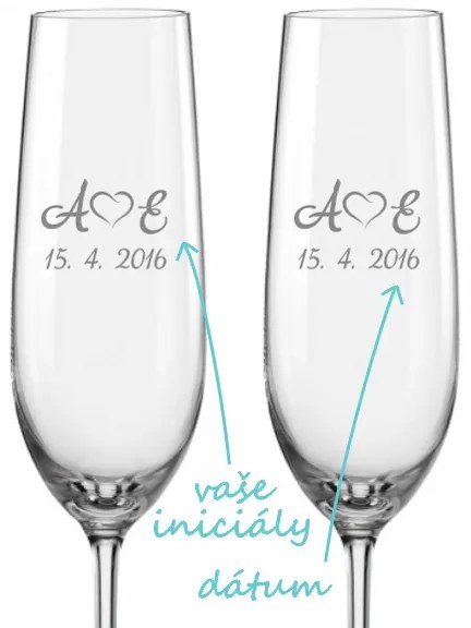 Svadobné poháre na sekt Monogramy so srdiečkami, 2 ks