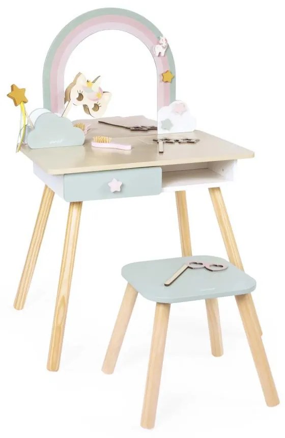 Drevený toaletný stolček s jednorožcom a stoličkou