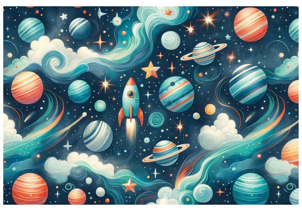 Tapeta farebný vesmír s raketou