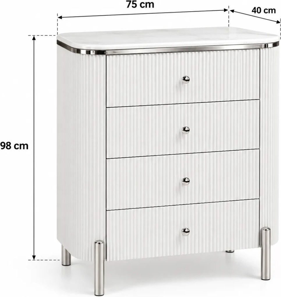 KOMODA GASTON 4S STRIEBORNÉ NOHY + BIELA + MRAMOR 75 cm