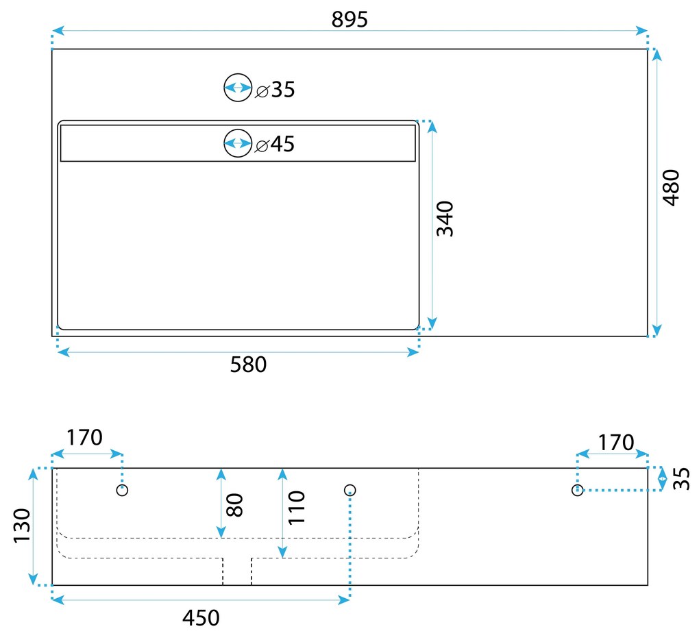 Rea Archi, umývadlo na dosku z konglomerátu 900x480x130 mm, ľavá verzia, šedá matná, REA-U4304