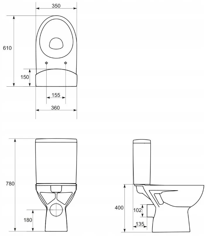 Cersanit Parva, kombi wc s horizontálnym odtokom, bočný prívod vody, splachovanie 3/6L + antibakteriálne sedátko z duroplastu, biela, K27-001