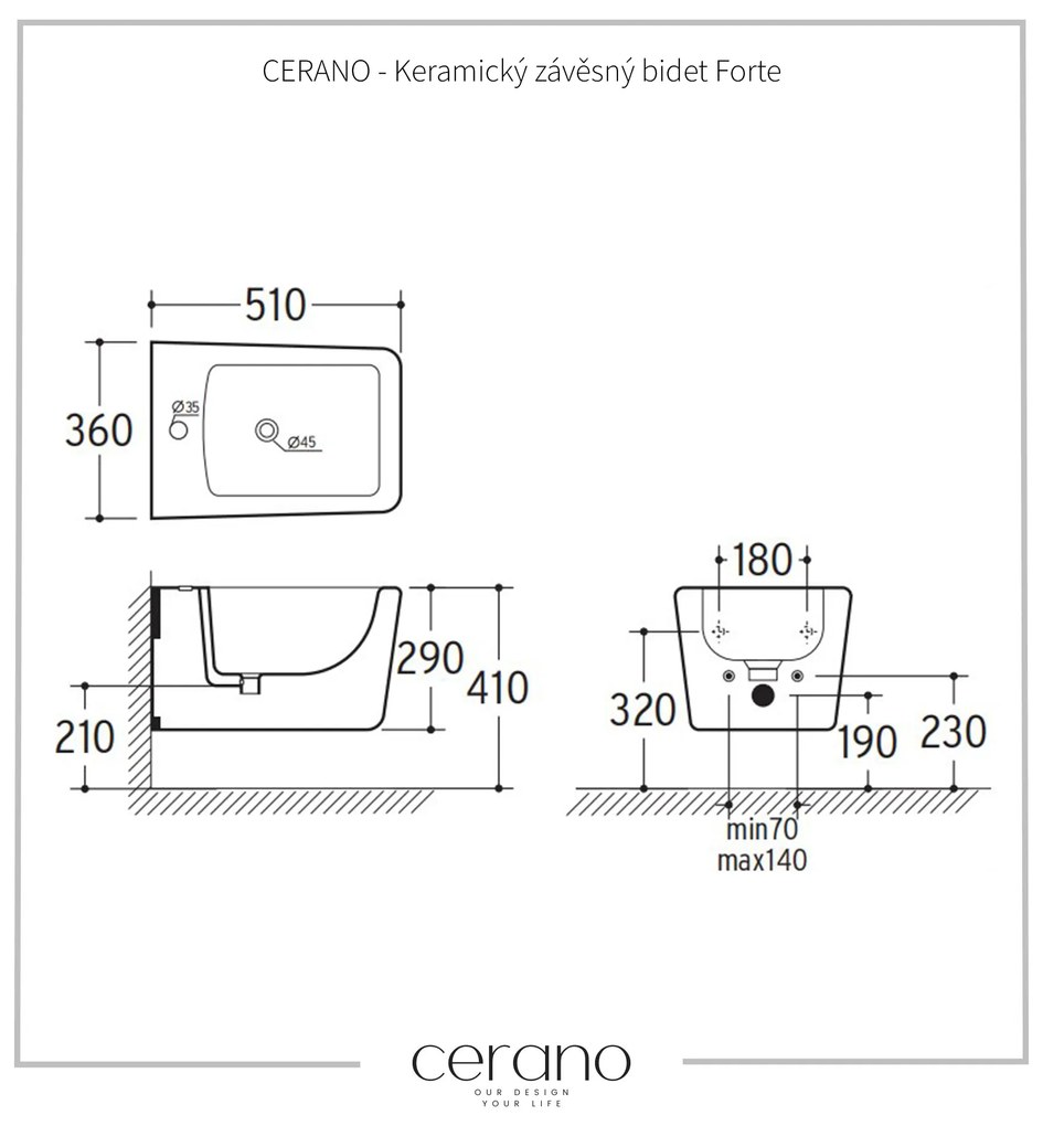 CERANO - Keramický závesný bidet Forte - čierna matná, CER-CER-538756