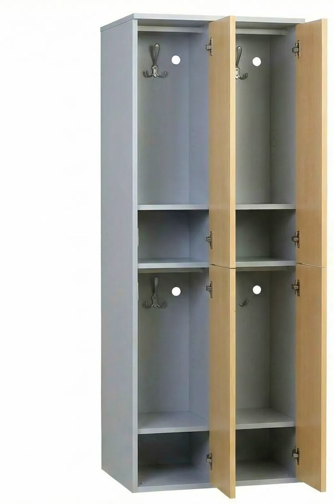 Drevená šatníková skrinka S4 s úložnými boxmi, 4 boxy, demont, kódový zámok, sivá/orech